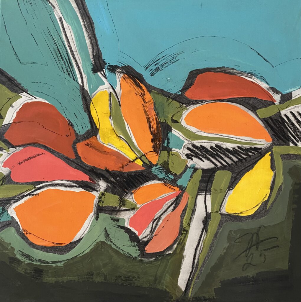 Oeuvre de Irena Tatiboit - série Terra Botanica. 55 x 50 cm acrylique et pastel sur papier maroufle sur toile #8