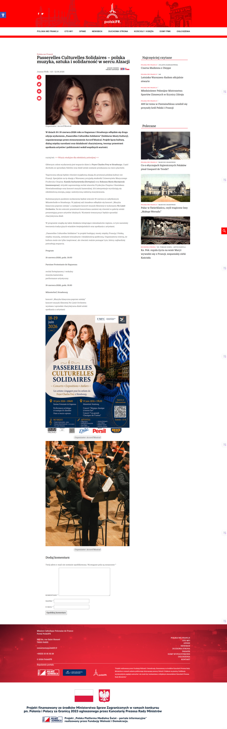 Annonce sur le site web Polskifr.fr - Musique Art et Poésie Pologne Amoureuse 19 juin 2026 18h00
